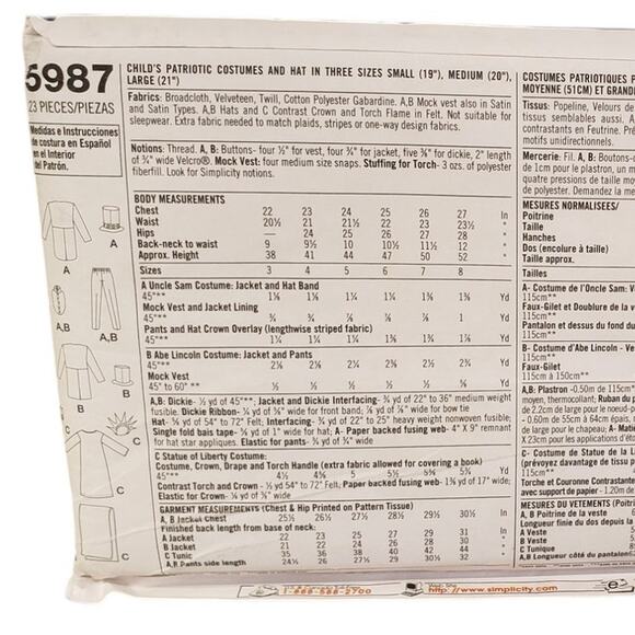 Simplicity Childrens Costumes Patriotic Statue of Liberty Kids Halloween UNCUT - Picture 3 of 4